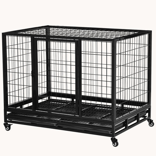 43" Heavy Duty Dog Crate with Removable Tray, Lockable Wheels & Double Door, Black