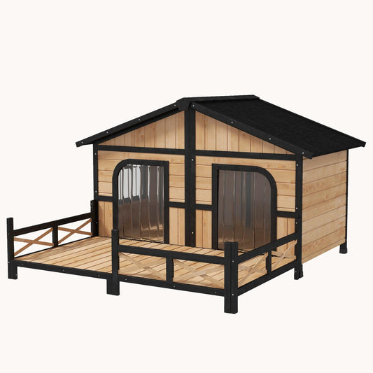 Double Wooden Dog House with Built-In Porch & Removable Bottom for S to M Dogs Natural