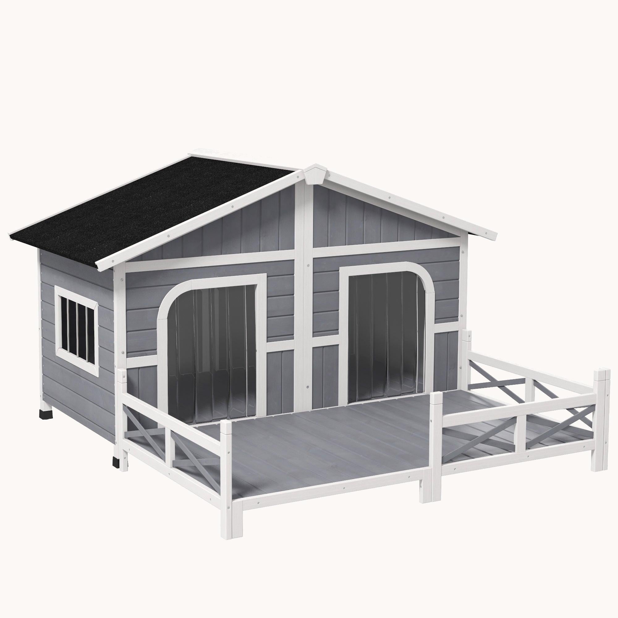 Wooden Dog House with Porch, Waterproof Asphalt Roof, Fencing, for S to M Dogs, Gray