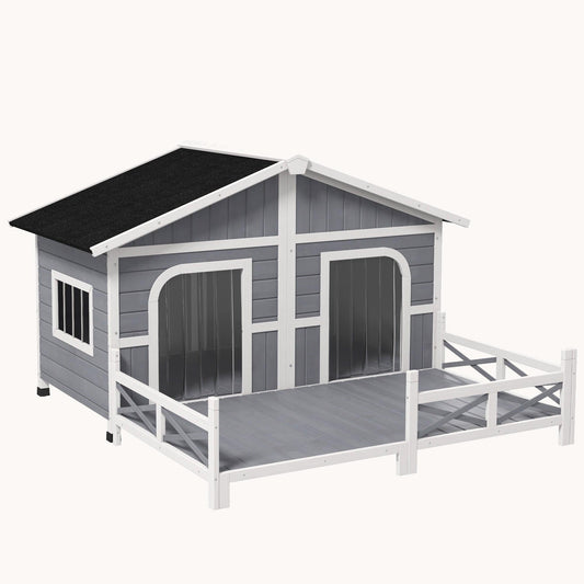 Wooden Dog House with Porch, Waterproof Asphalt Roof, Fencing, for S to M Dogs, Gray