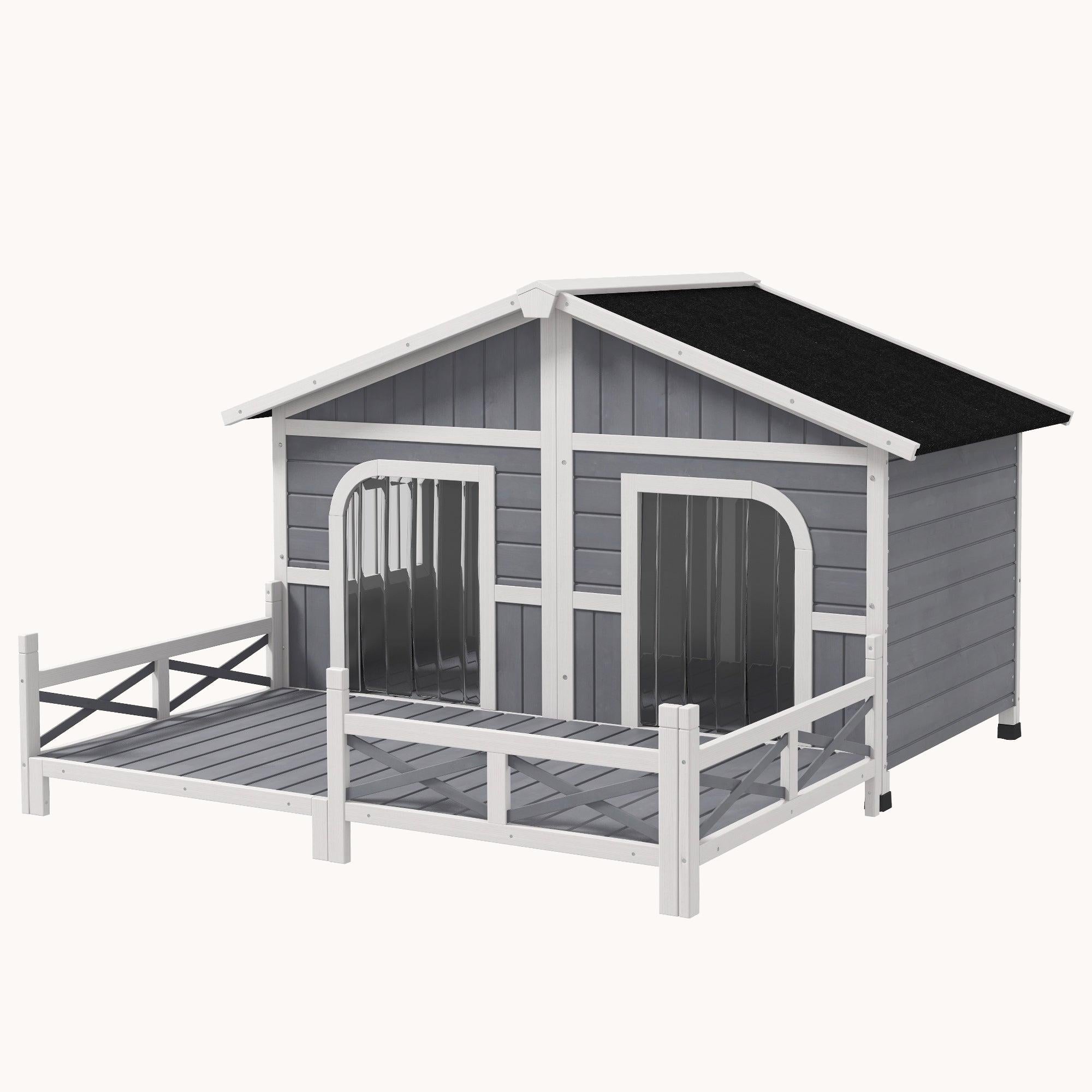 Wooden Dog House with Porch, Waterproof Asphalt Roof, Fencing, for S to M Dogs, Gray