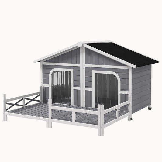 Wooden Dog House with Porch, Waterproof Asphalt Roof, Fencing, for S to M Dogs, Gray