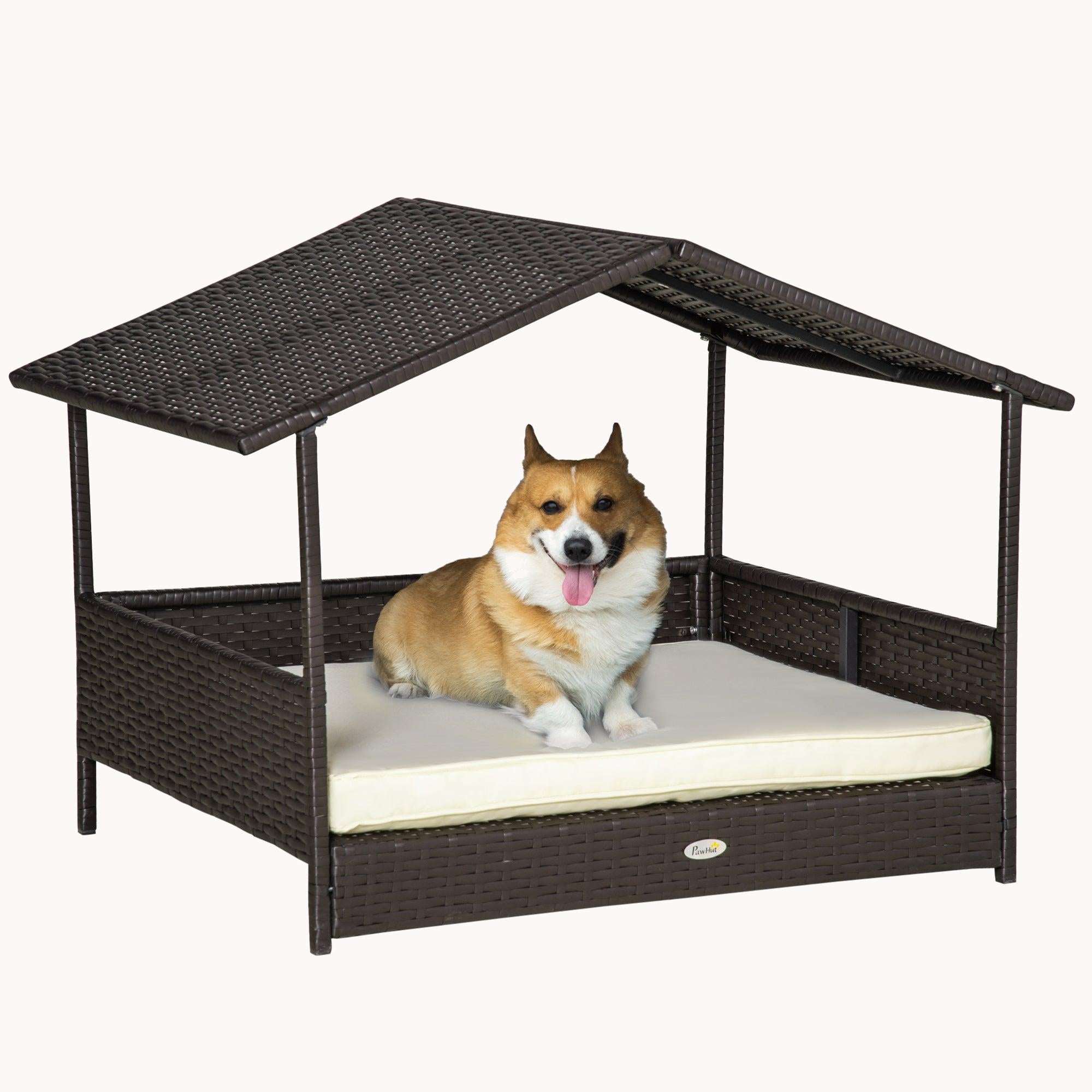 Dog House Outdoor with Canopy and Cushion for Small to Medium Pets Brown and White