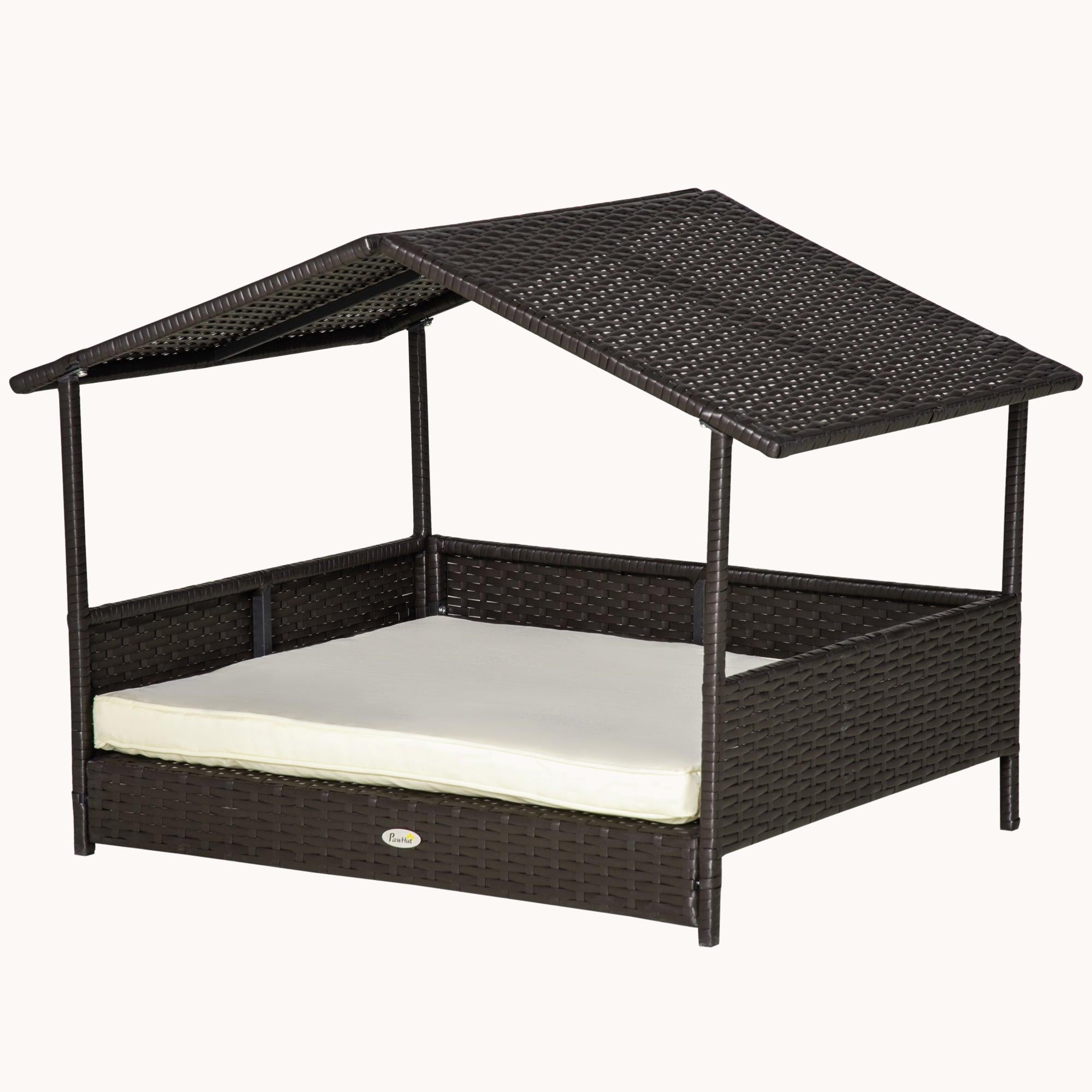 Dog House Outdoor with Canopy and Cushion for Small to Medium Pets Brown and White