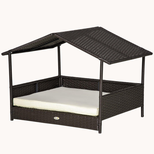 Dog House Outdoor with Canopy and Cushion for Small to Medium Pets Brown and White