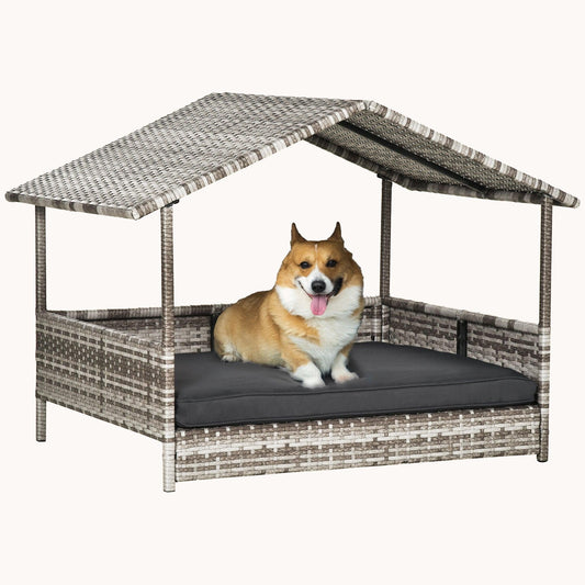 Dog House Outdoor with Canopy and Cushion for Small to Medium Pets Gray