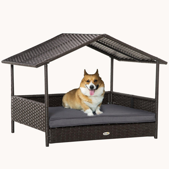 Dog House Outdoor with Canopy and Cushion for Small to Medium Pets Brown and Gray