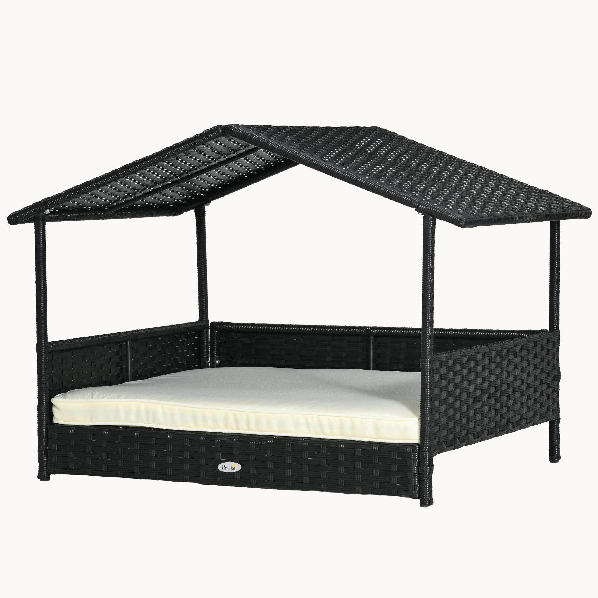 Dog House Outdoor with Canopy and Cushion for Small to Medium Pets Black and White