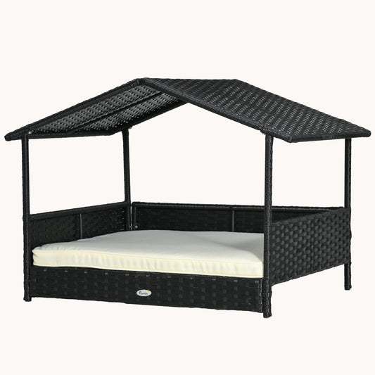Dog House Outdoor with Canopy and Cushion for Small to Medium Pets Black and White