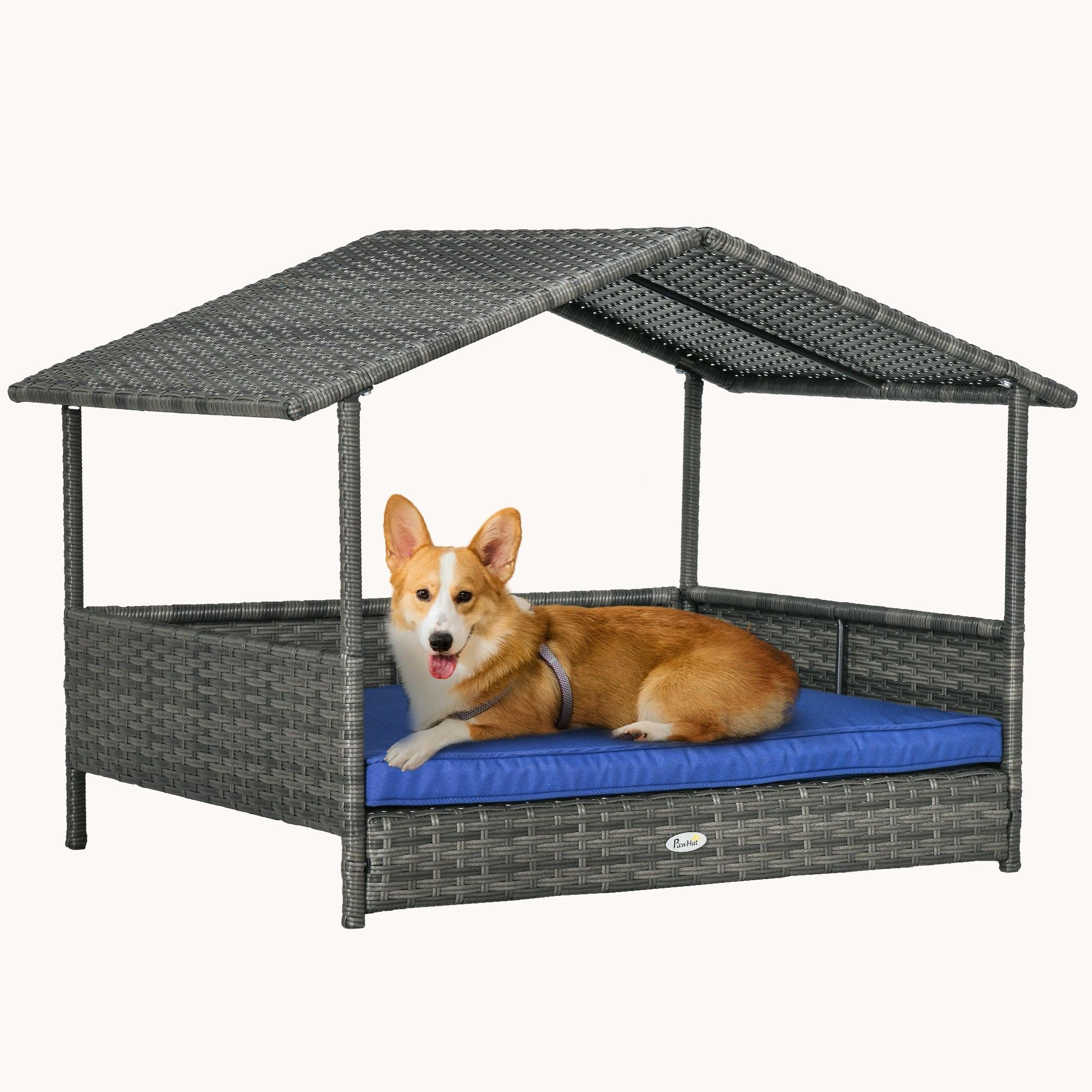 Dog House Outdoor with Canopy and Cushion for Small to Medium Pets Dark Gray and Blue