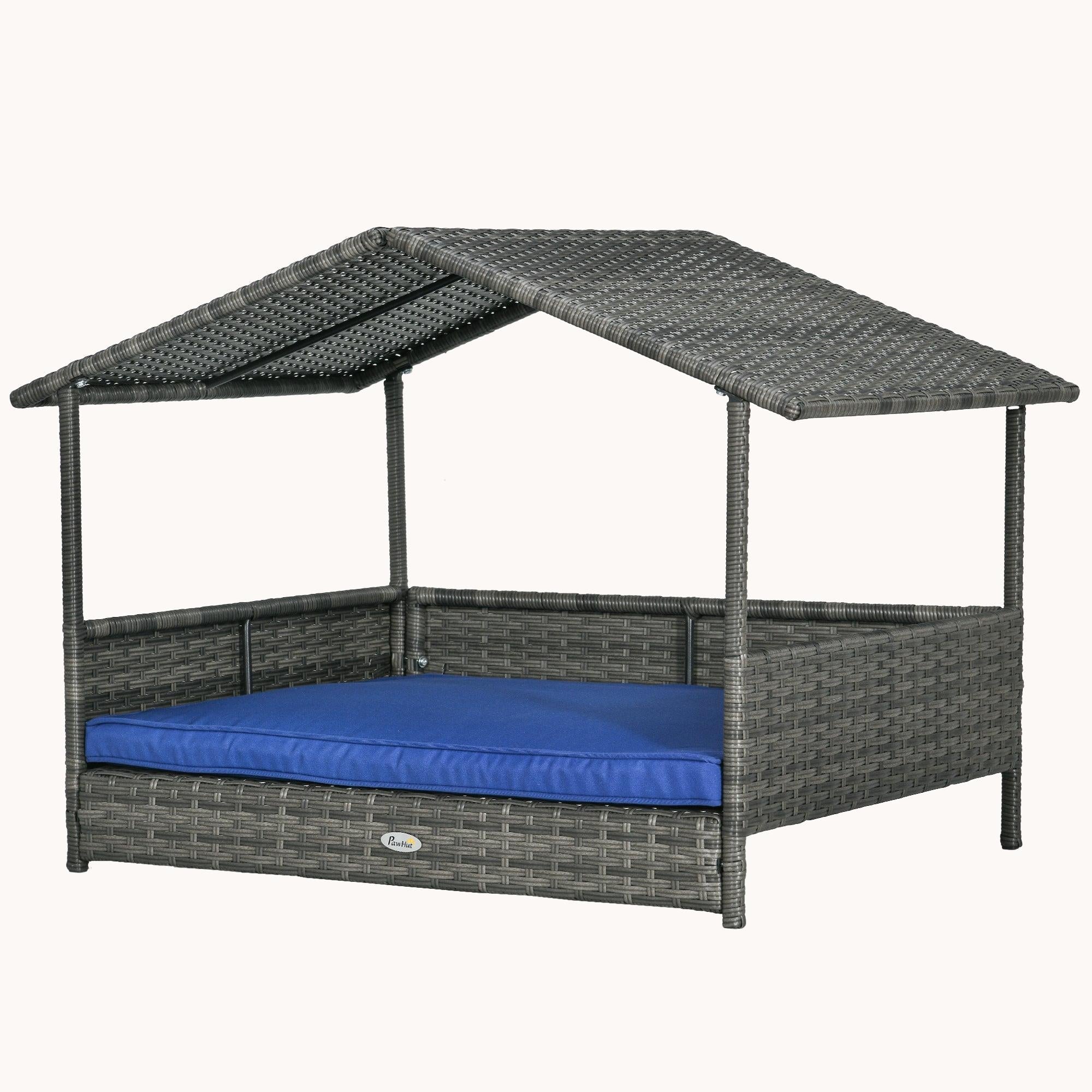 Dog House Outdoor with Canopy and Cushion for Small to Medium Pets Dark Gray and Blue