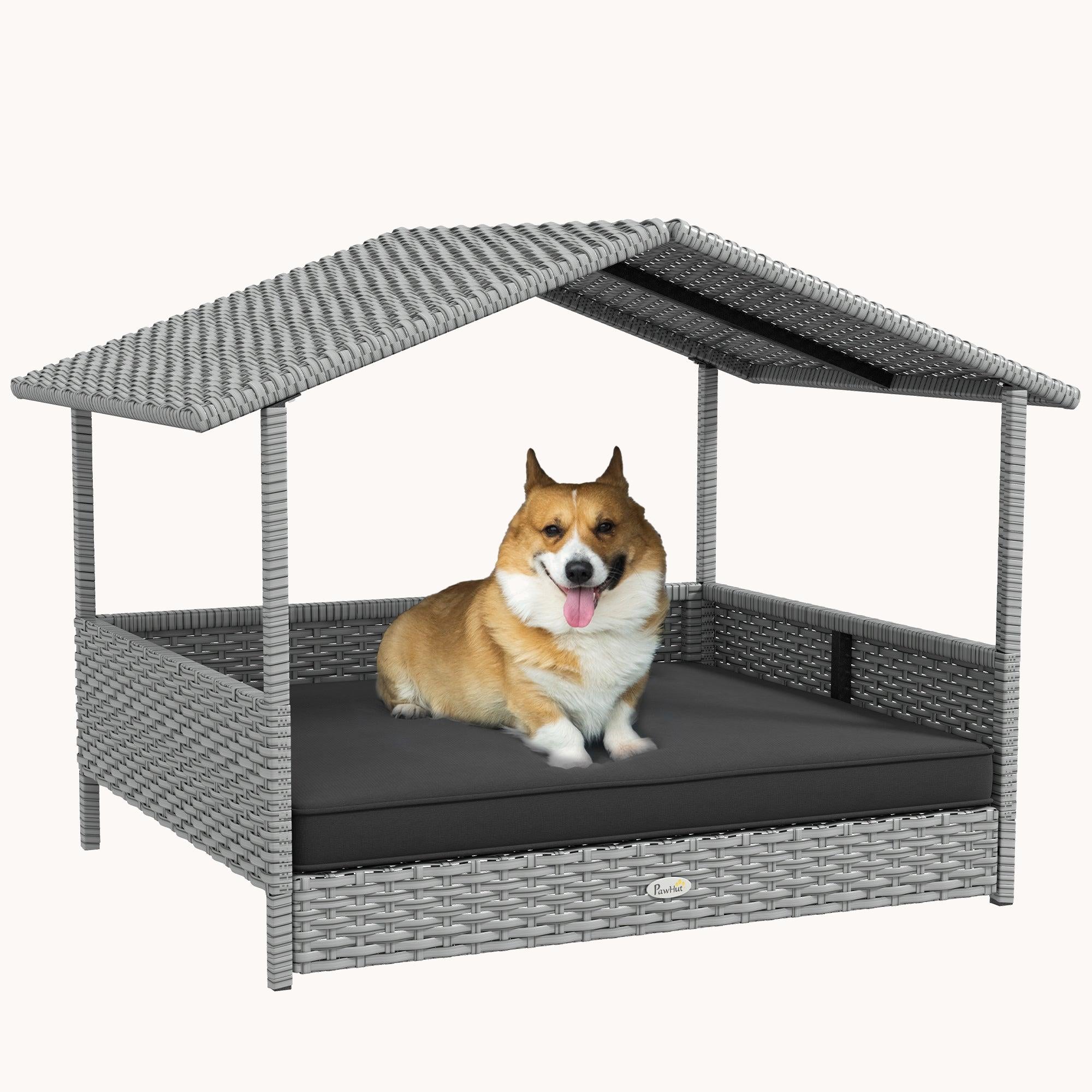Dog House Outdoor with Canopy and Cushion for Small to Medium Pets Silver and Gray