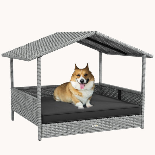 Dog House Outdoor with Canopy and Cushion for Small to Medium Pets Silver and Gray