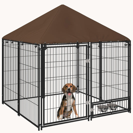 4.6'x4.6'x5' Outdoor Dog Playpen with Canopy & Rotating Bowl, Black