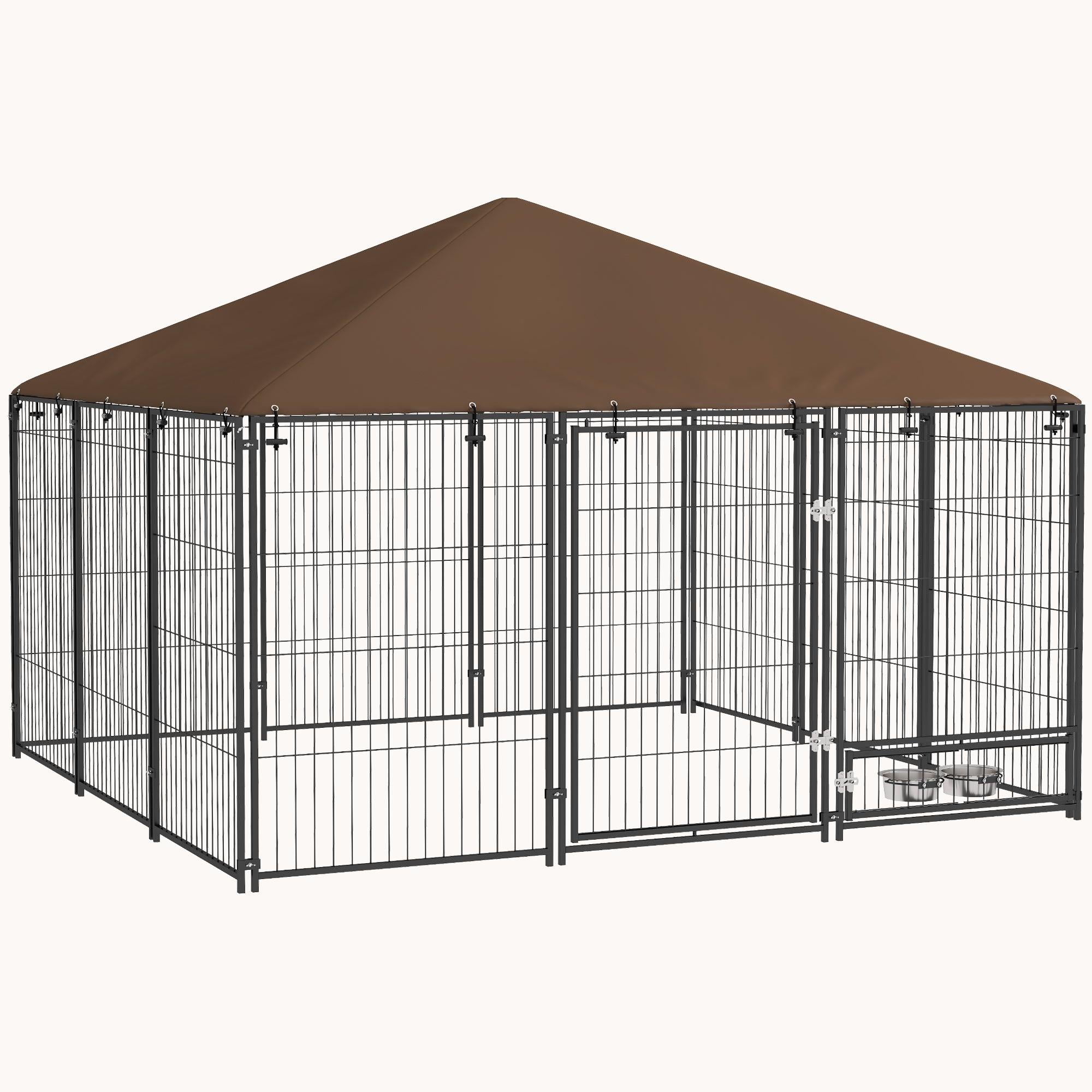 Outdoor Puppy Playpen with Canopy & Rotating Bowl, 6.9'x6.9'x5', Coffee