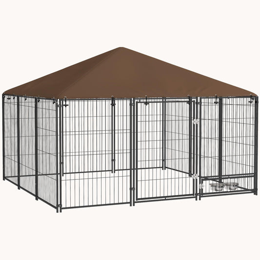 Outdoor Puppy Playpen with Canopy & Rotating Bowl, 6.9'x6.9'x5', Coffee