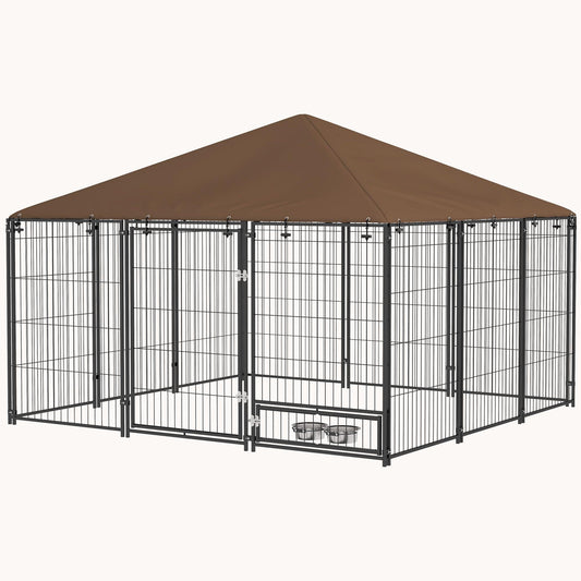 Outdoor Puppy Playpen with Canopy & Rotating Bowl, 6.9'x6.9'x5', Coffee