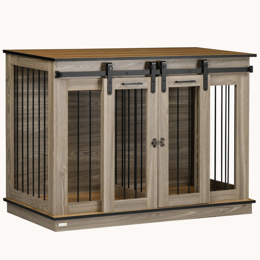 Sliding Barn Door Furniture Style Dog Crate w/ Removable Divider for Small/Large Dogs, Oak