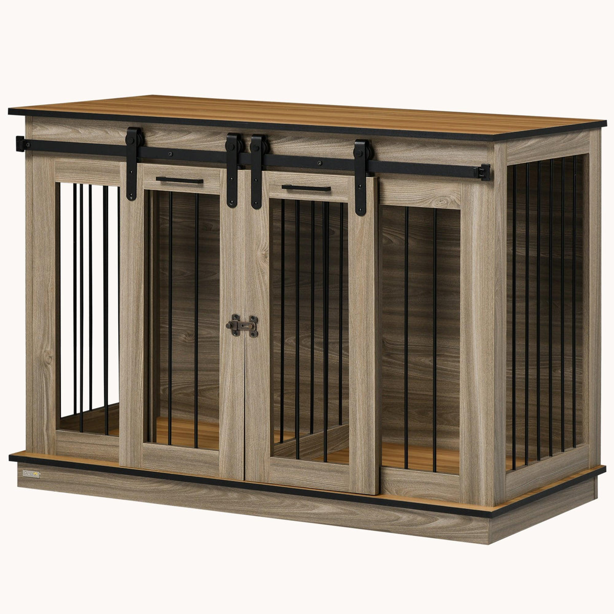 Sliding Barn Door Furniture Style Dog Crate w/ Removable Divider for Small/Large Dogs, Oak