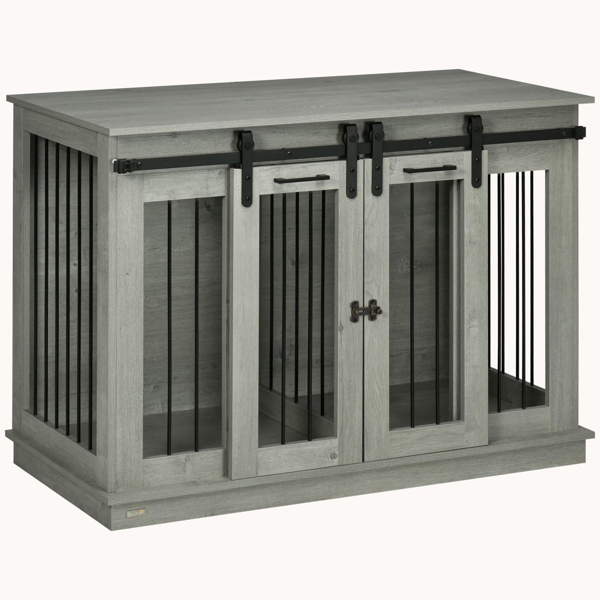 Sliding Barn Door Furniture Style Dog Crate w/ Removable Divider for S to L Dogs, Gray