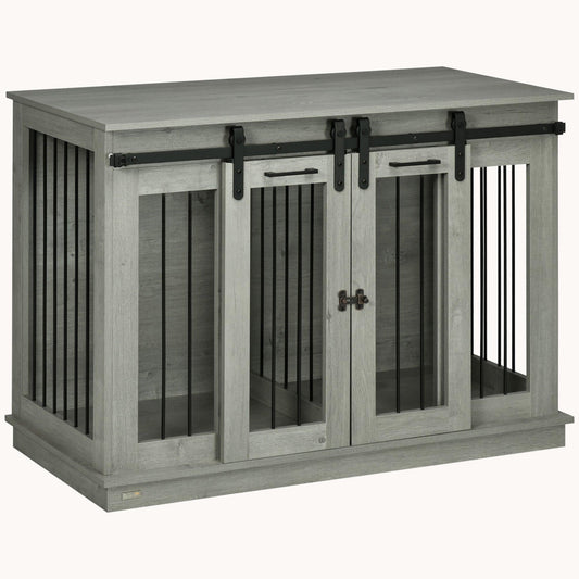Sliding Barn Door Furniture Style Dog Crate w/ Removable Divider for S to L Dogs, Gray