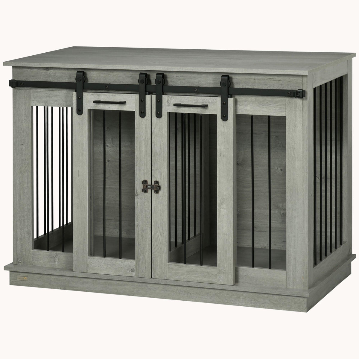 Sliding Barn Door Furniture Style Dog Crate w/ Removable Divider for S to L Dogs, Gray