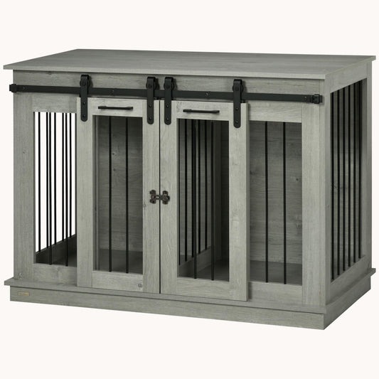 Sliding Barn Door Furniture Style Dog Crate w/ Removable Divider for S to L Dogs, Gray