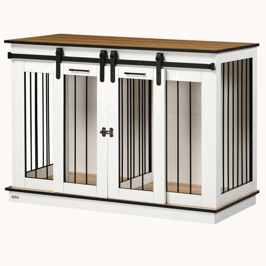 Sliding Barn Door Furniture Style Dog Crate w/ Removable Divider for S to L Dogs, White