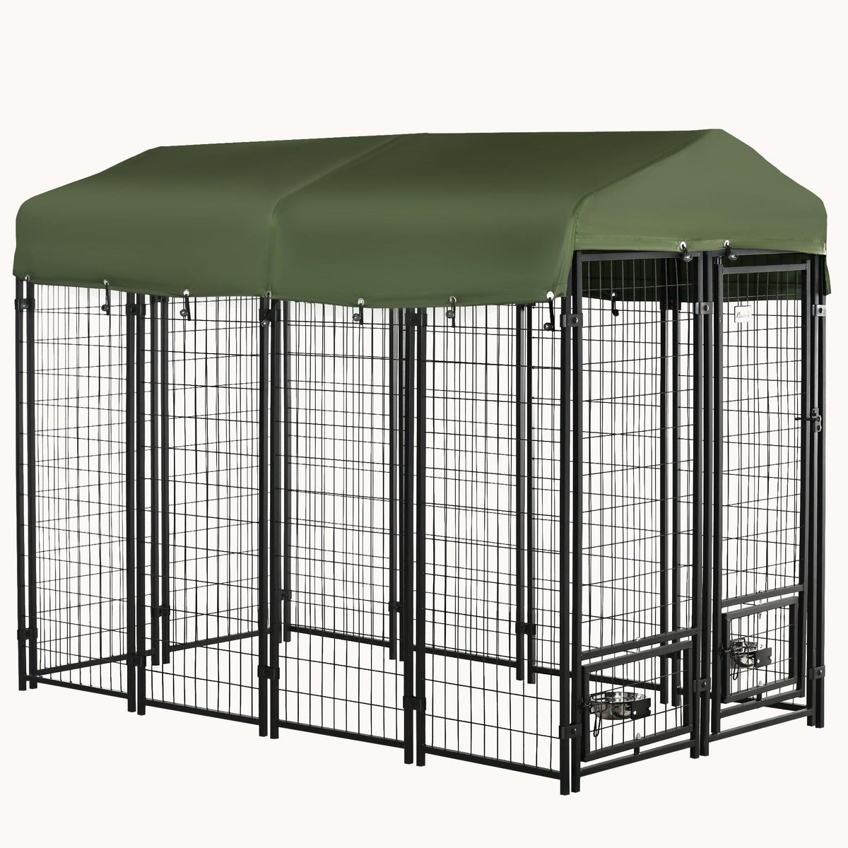 8'x4'x6' Outdoor Dog Kennel with Rotating Bowls, Walk-In Design & Weatherproof Canopy, Green