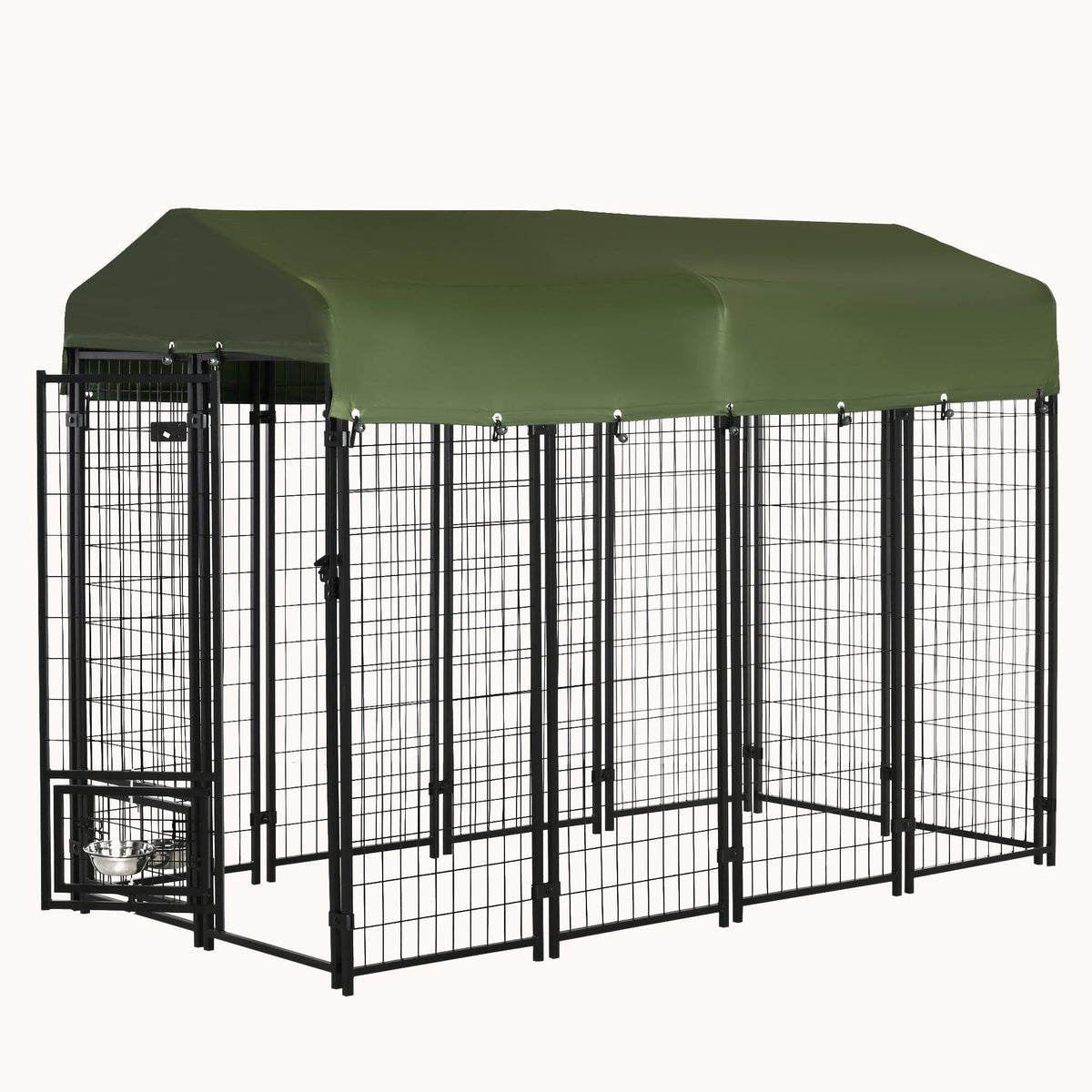 8'x4'x6' Outdoor Dog Kennel with Rotating Bowls, Walk-In Design & Weatherproof Canopy, Green