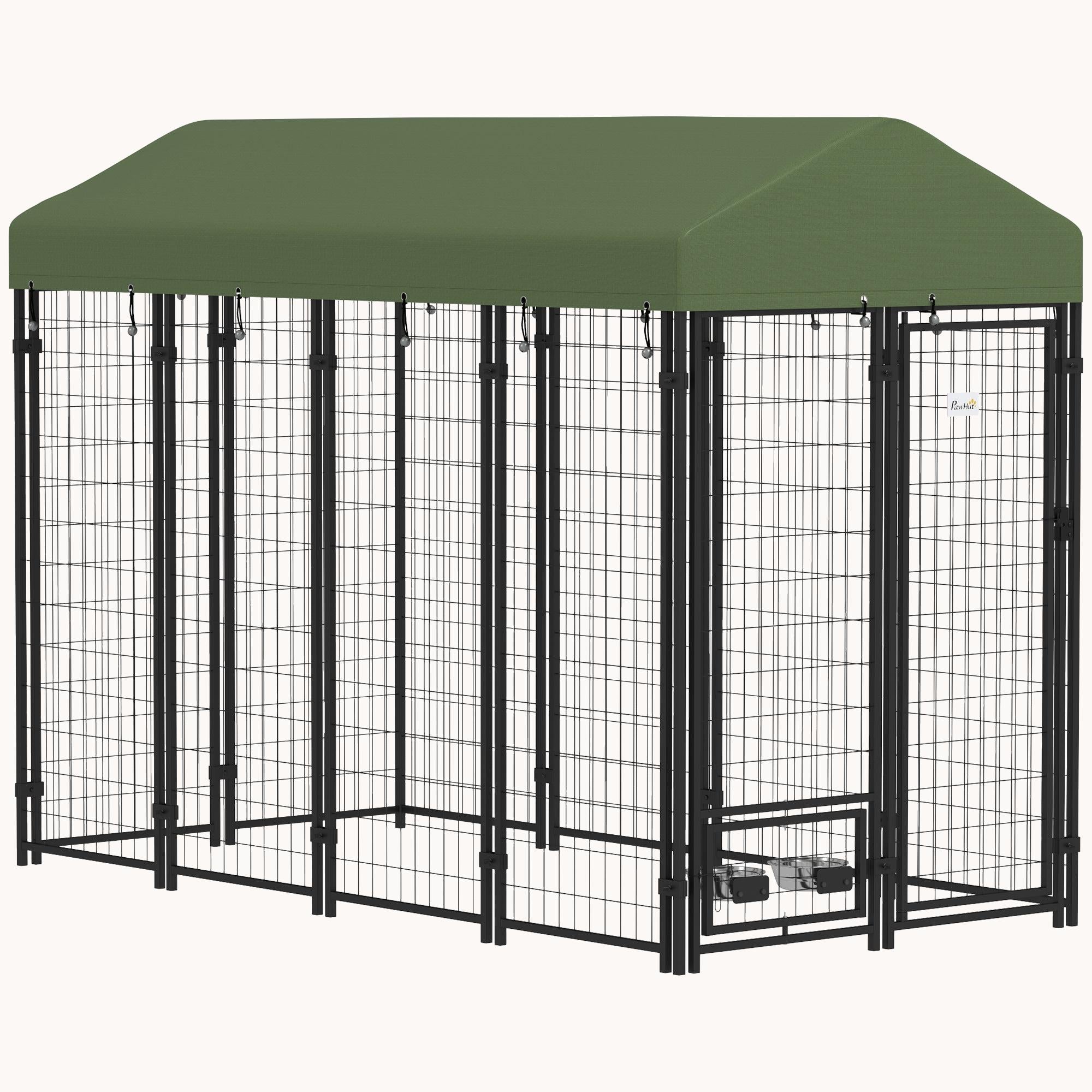8'x4'x6' Heavy Duty Welded Wire Dog Kennel with 360?? Bowls & Weatherproof Cover