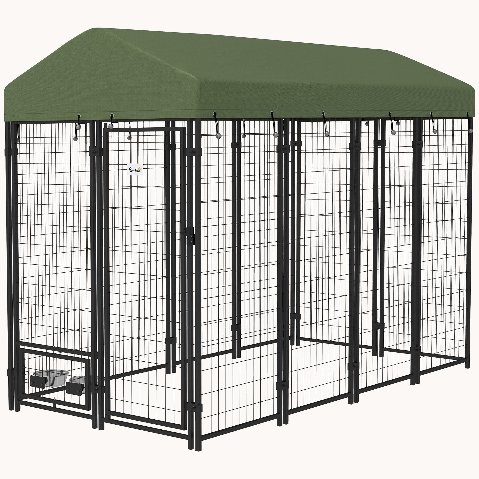 8'x4'x6' Heavy Duty Welded Wire Dog Kennel with 360?? Bowls & Weatherproof Cover