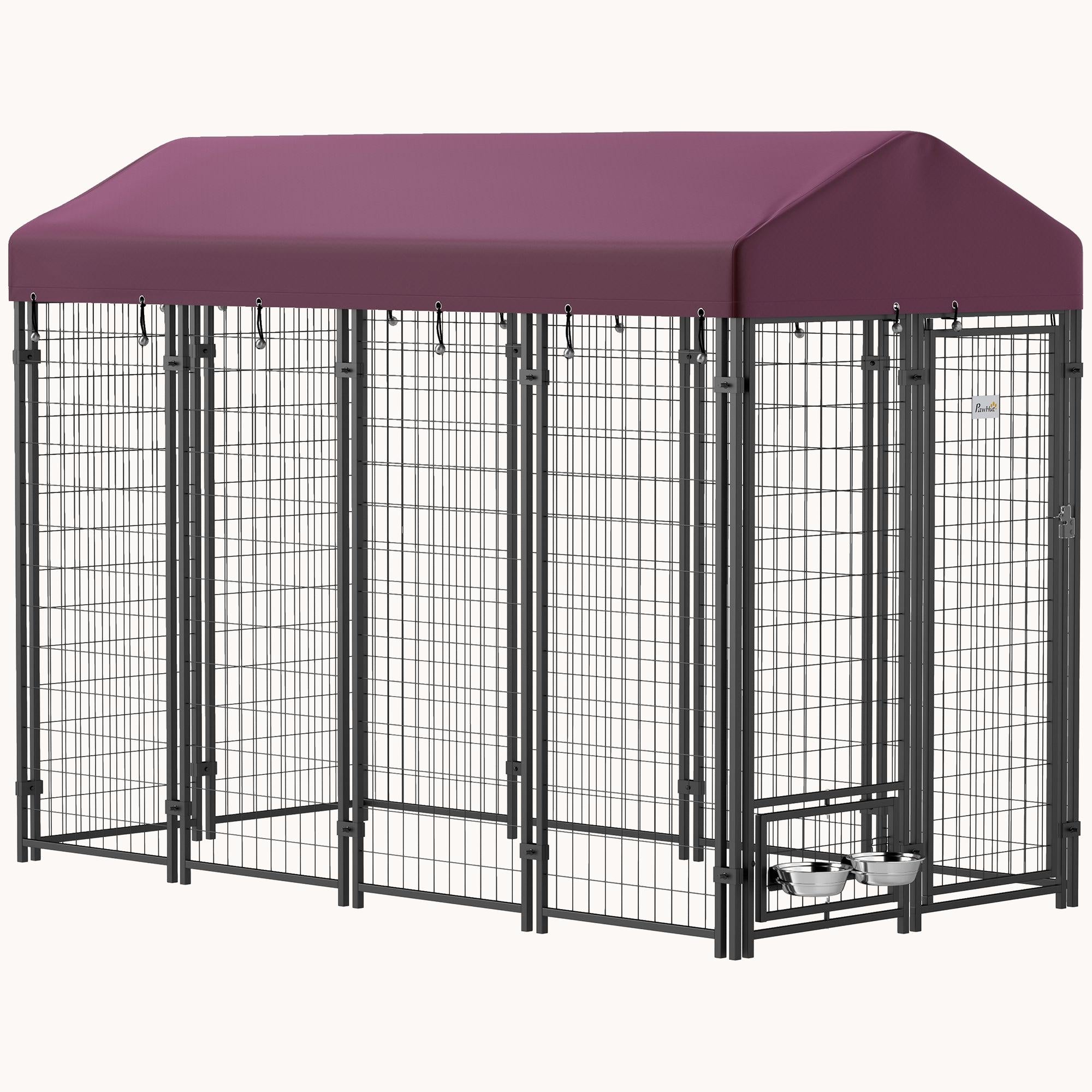8'x4'x6' Outdoor Heavy Duty Walk-in Dog Kennel with Rotating Bowls & UV Waterproof Cover - Red