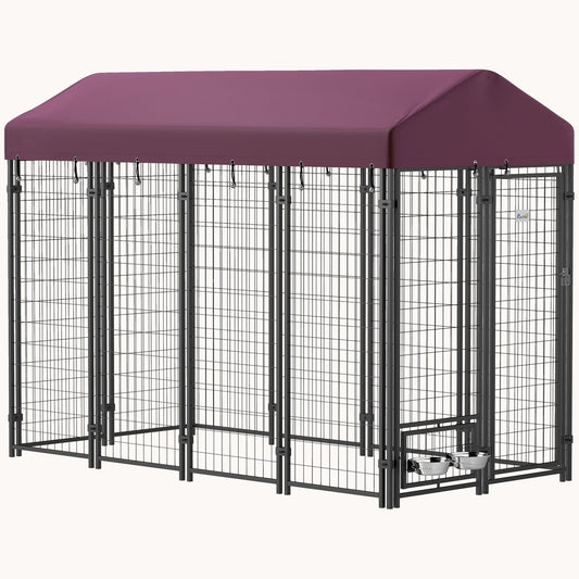 8'x4'x6' Outdoor Heavy Duty Walk-in Dog Kennel with Rotating Bowls & UV Waterproof Cover - Red