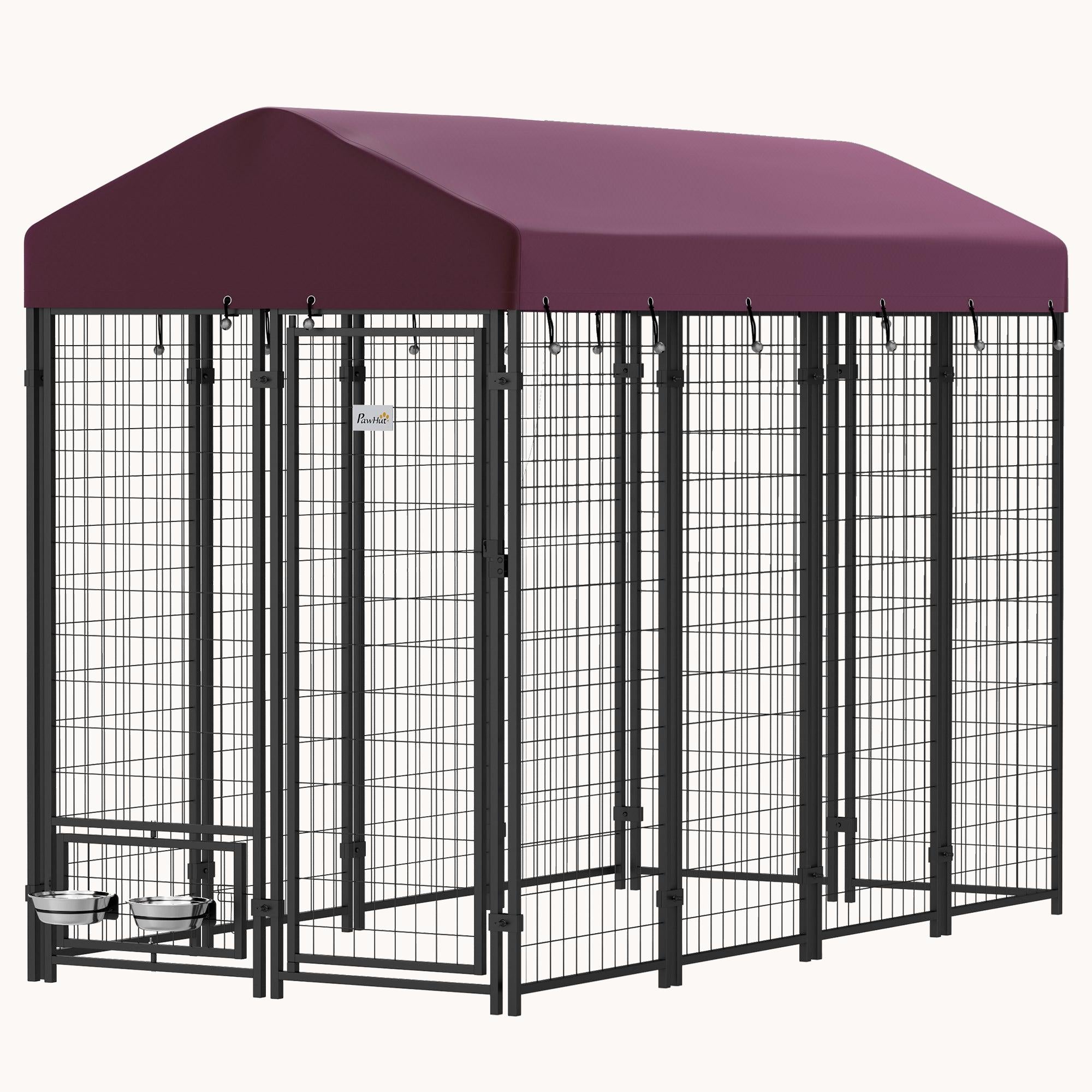 8'x4'x6' Outdoor Heavy Duty Walk-in Dog Kennel with Rotating Bowls & UV Waterproof Cover - Red