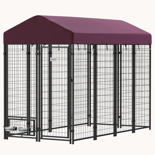 8'x4'x6' Outdoor Heavy Duty Walk-in Dog Kennel with Rotating Bowls & UV Waterproof Cover - Red