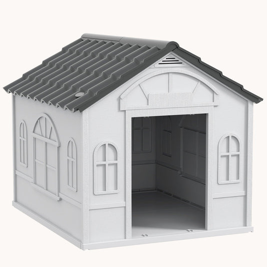Plastic Dog Kennel, Water Resistant Puppy Shelter Outdoor/Indoor, Easy Assembly, Gray