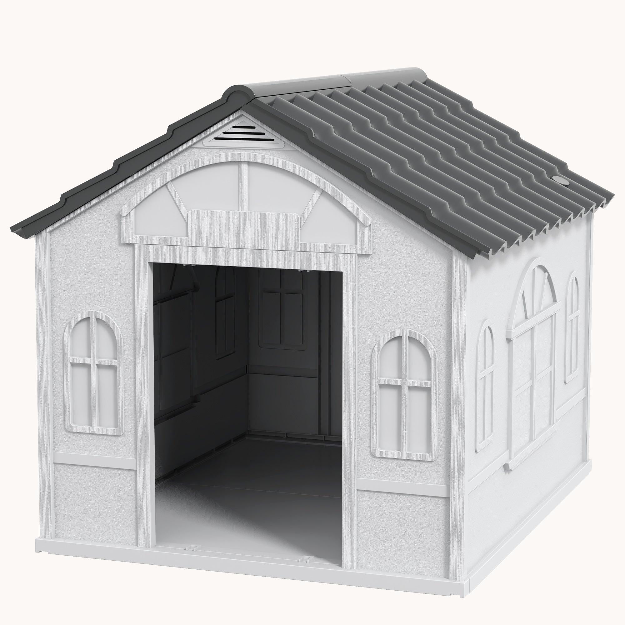 Plastic Dog Kennel, Water Resistant Puppy Shelter Outdoor/Indoor, Easy Assembly, Gray