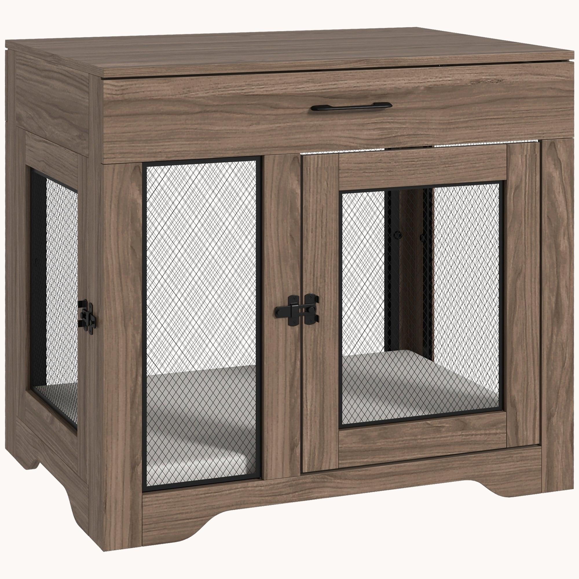 Double Door Furniture Style Dog Crate with Cushion and Drawer for Small Dogs, Brown