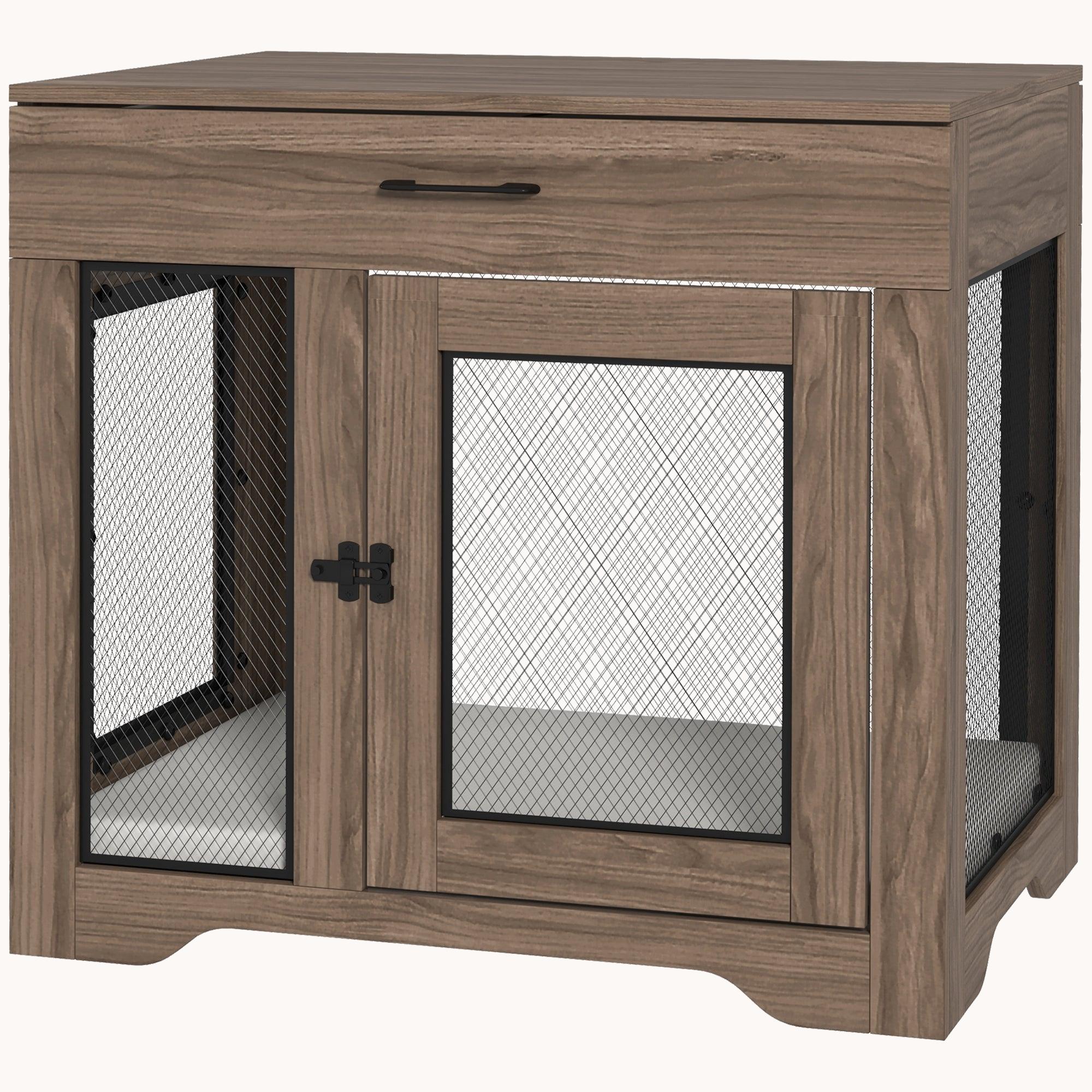 Double Door Furniture Style Dog Crate with Cushion and Drawer for Small Dogs, Brown