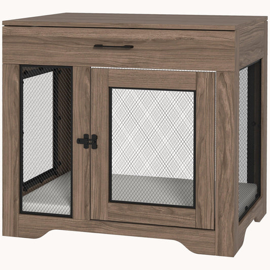 Double Door Furniture Style Dog Crate with Cushion and Drawer for Small Dogs, Brown
