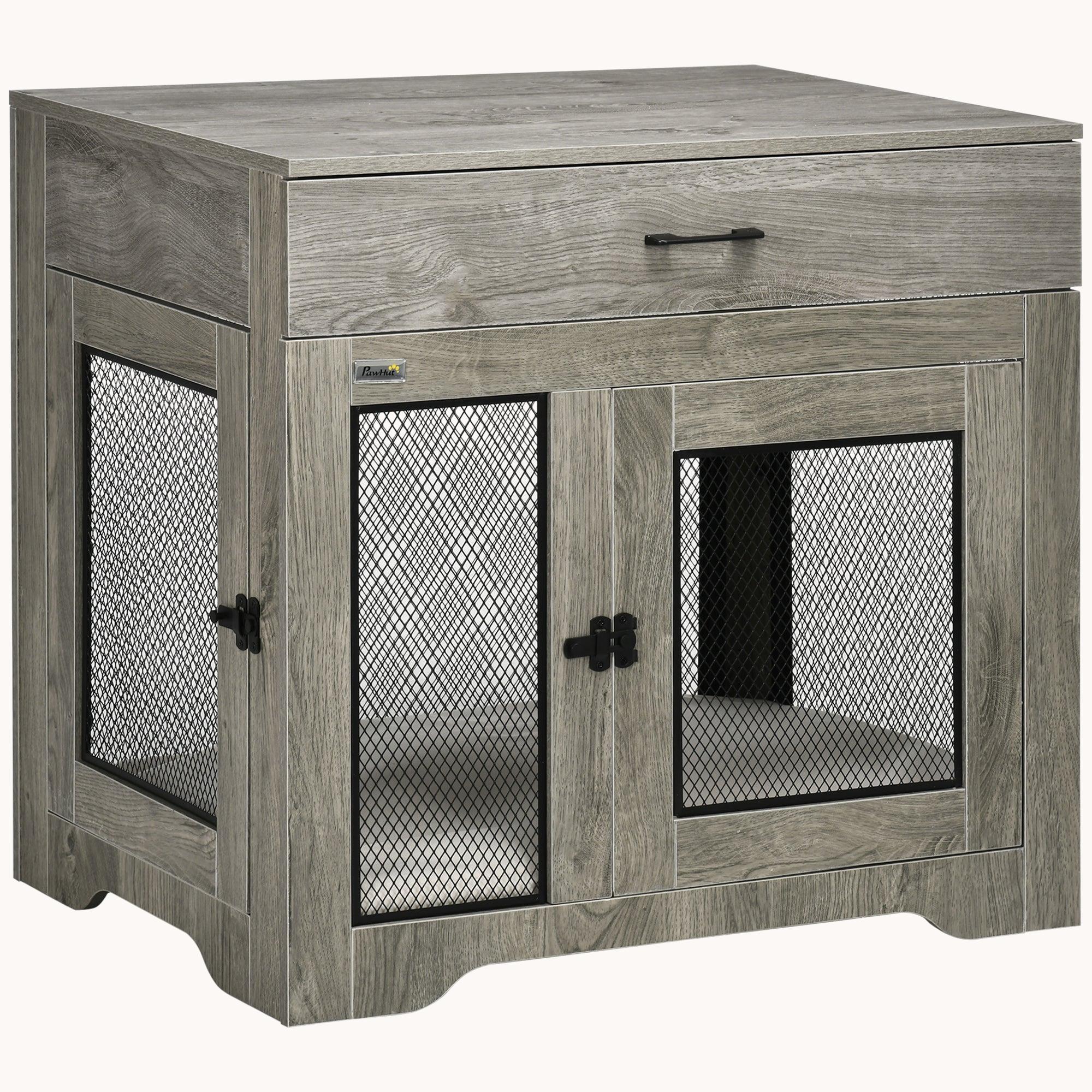 Double Door Furniture Style Dog Crate with Cushion and Drawer for Small Dogs, Gray