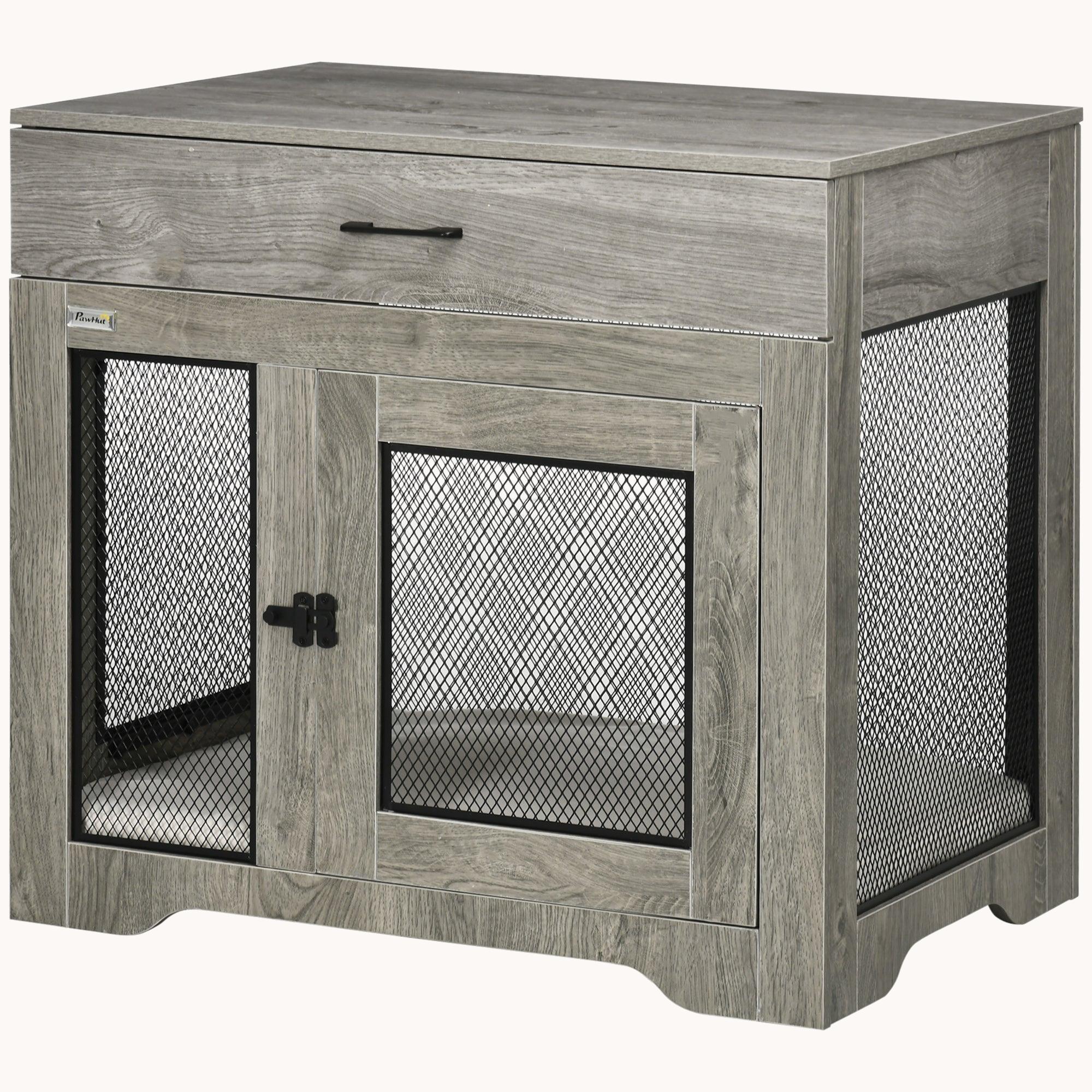 Double Door Furniture Style Dog Crate with Cushion and Drawer for Small Dogs, Gray