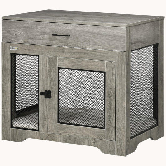 Double Door Furniture Style Dog Crate with Cushion and Drawer for Small Dogs, Gray
