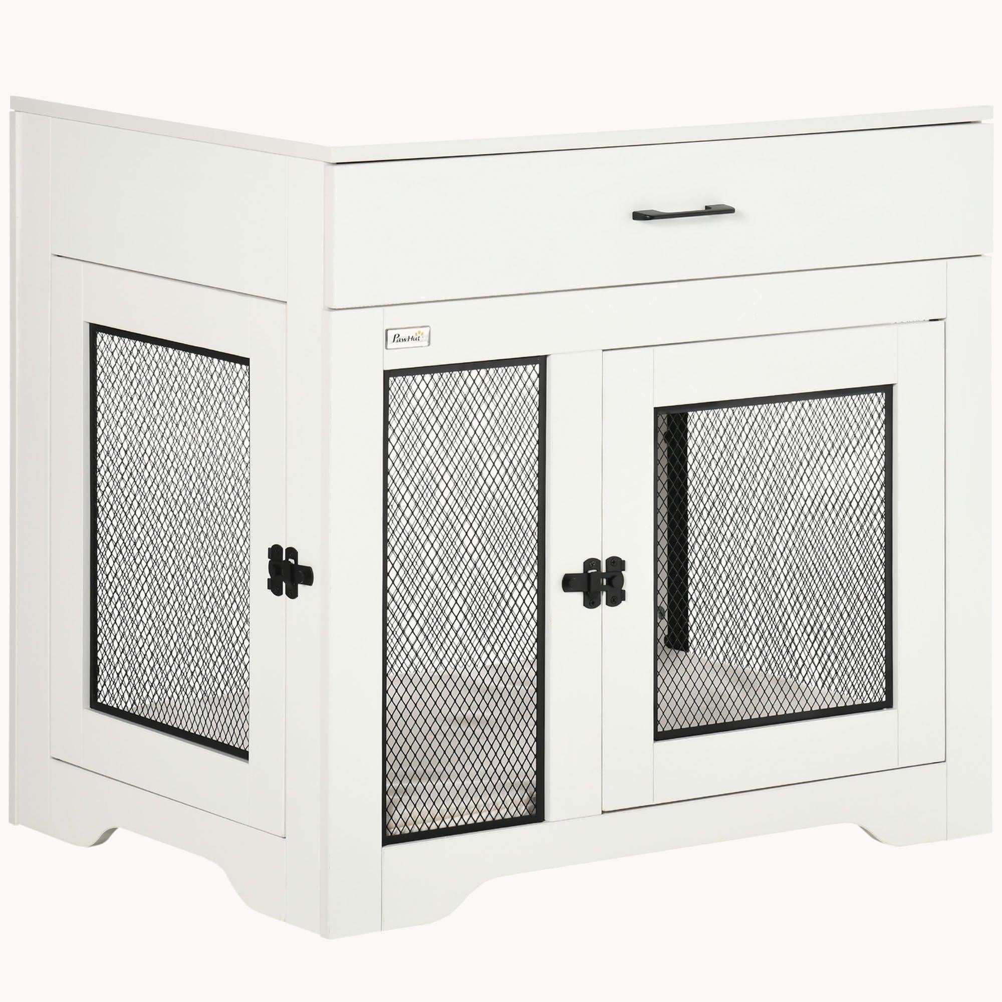 Double Door Furniture Style Dog Crate with Cushion and Drawer for Small Dogs, White