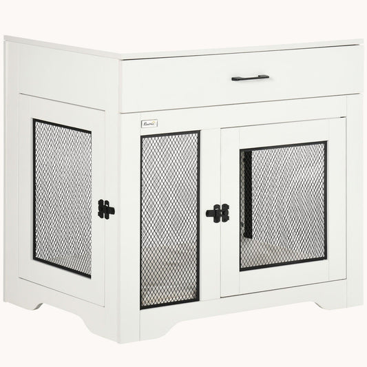 Double Door Furniture Style Dog Crate with Cushion and Drawer for Small Dogs, White