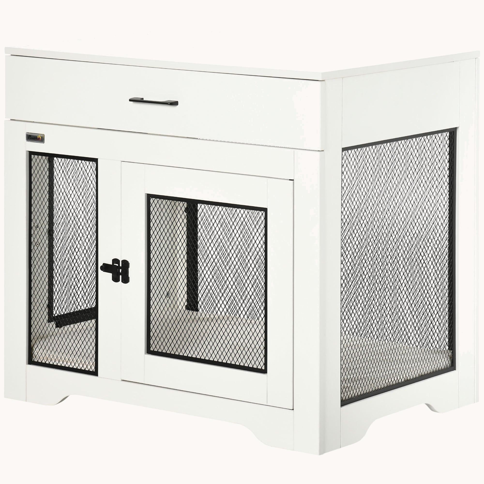 Double Door Furniture Style Dog Crate with Cushion and Drawer for Small Dogs, White