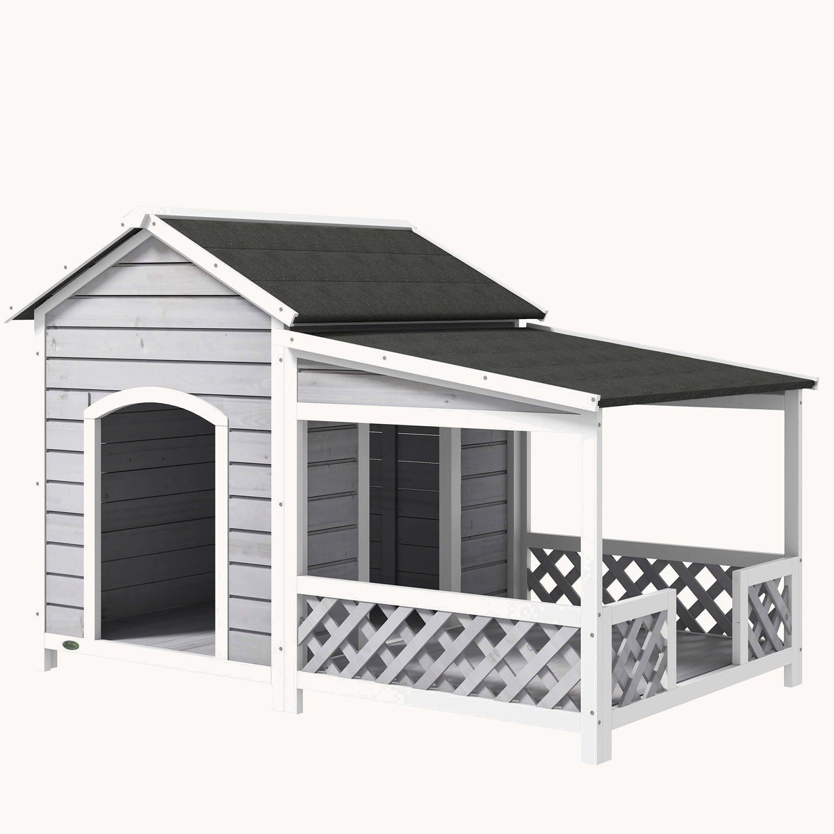 Wooden Dog House with Roofed Porch & Shutter Window, Two doors to access, for M to L Dog, Gray