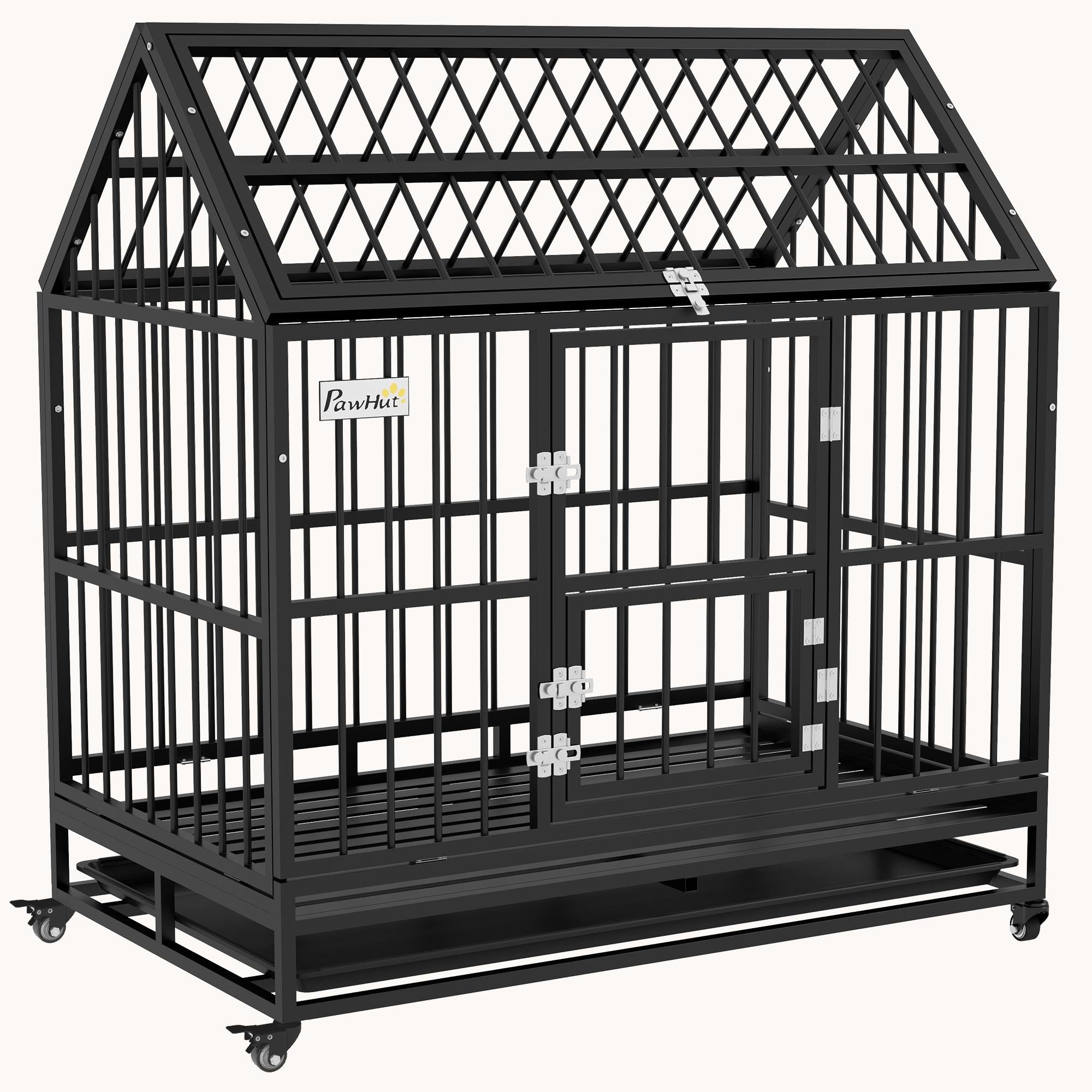 48" Heavy-Duty Dog Crate with Locking Wheels, Double Doors, Removable Tray & Top Access - Black