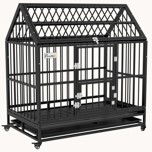 48" Heavy-Duty Dog Crate with Locking Wheels, Double Doors, Removable Tray & Top Access - Black